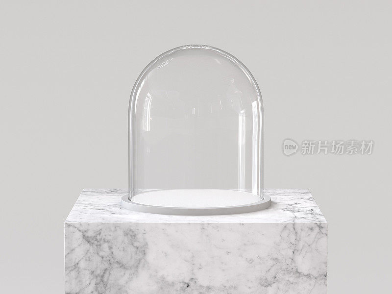 空玻璃圆顶与白色托盘白色大理石讲台。3 d渲染。